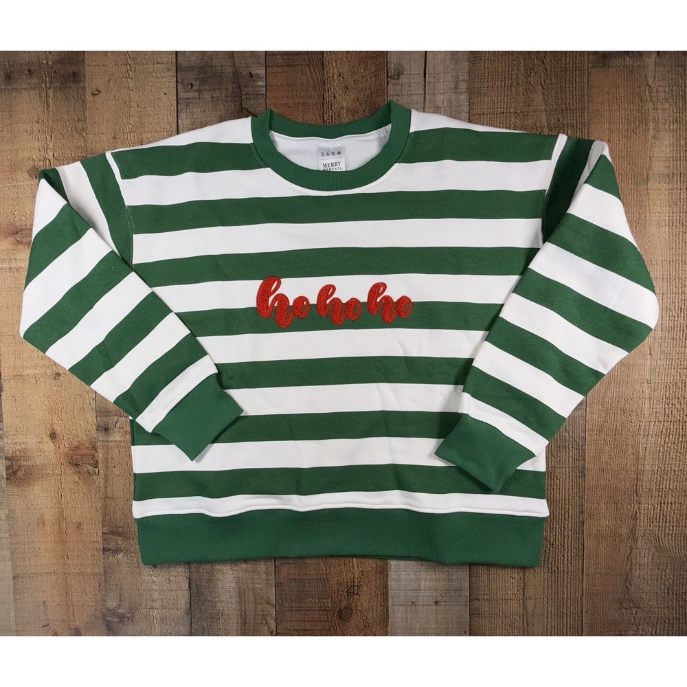Merry Moments Macy's Women's Large Christmas Sweatshirt Ho Ho Ho Green Stripe